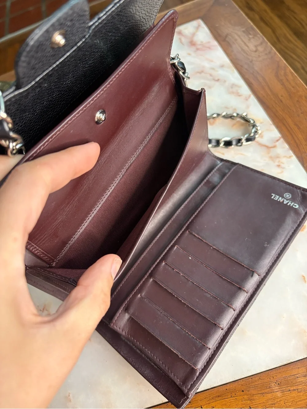 CHANEL Caviar Leather Black Quilted Classic Trifold Wallet w/ Added Chain